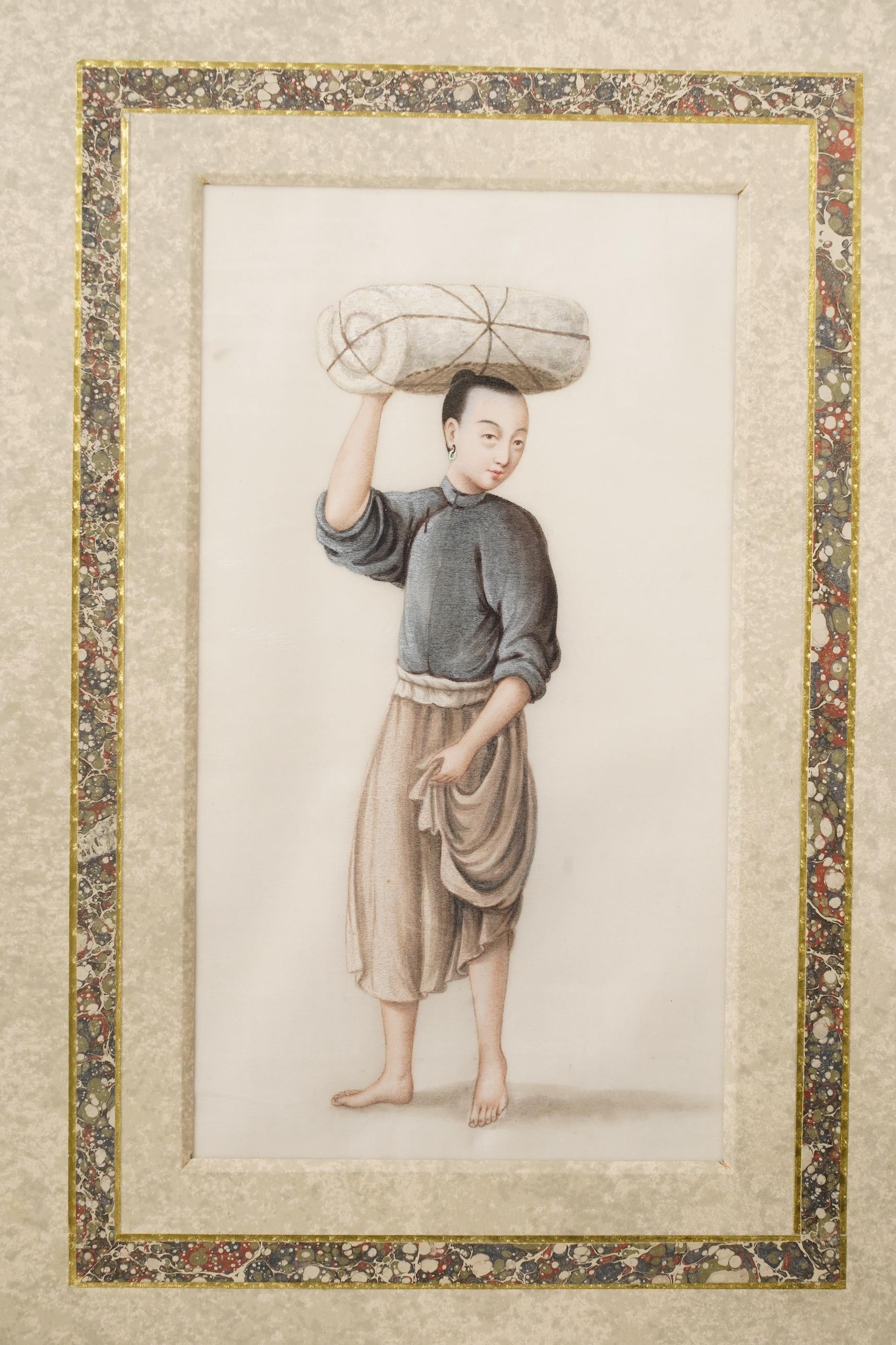 Circle of Youqua , Chinese (Mid 19th century), Street vendors, A set of six watercolours on pith paper, Image 23cm x 12.2cm